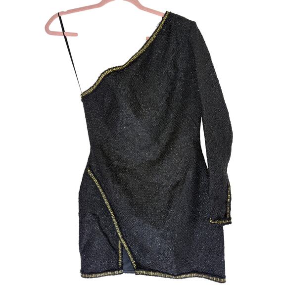 NWT Zara Black w/ Gold Detail Glittery Asymmetric One Shoulder Mini Dress Size S - Picture 1 of 9